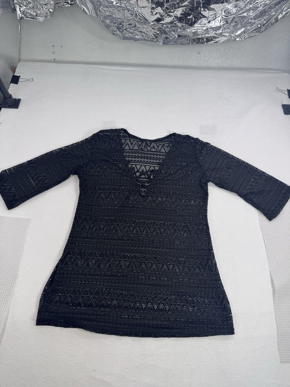 Portocruz Women's Small Black Crochet Lace V Neck 3/4 Sleeve Boho Blouse